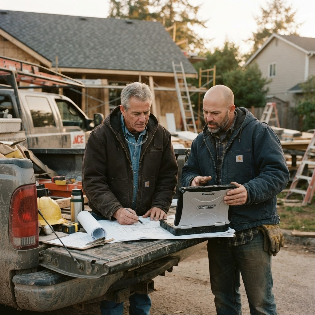 Roofing business operators reviewing plans and performance at a jobsite